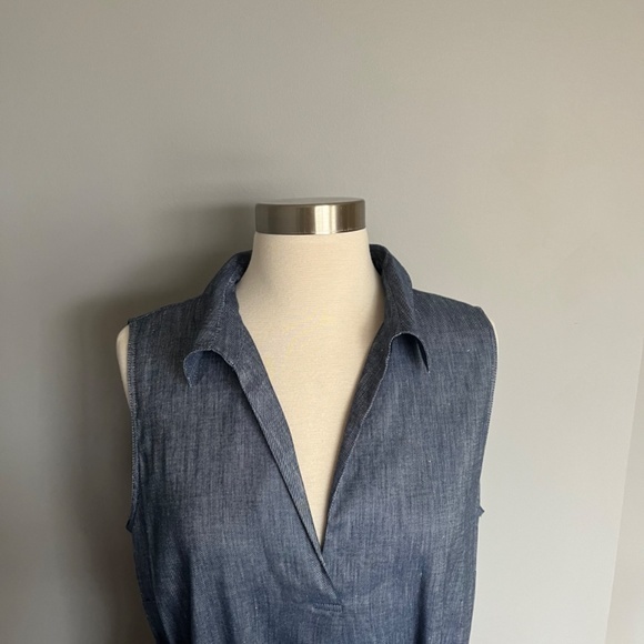 Lafayette 148 New York Blue Denim Pattern Rudy Linen Belted High Low Shift Dress - Picture 8 of 9